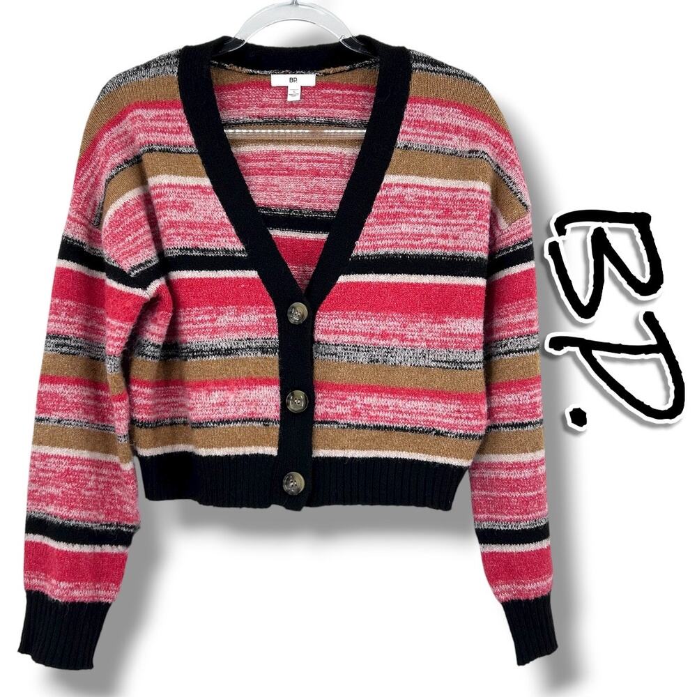 BP Striped Cropped Button-Front Cardigan Sweater Marled Knit V Neck Womens Sz S
